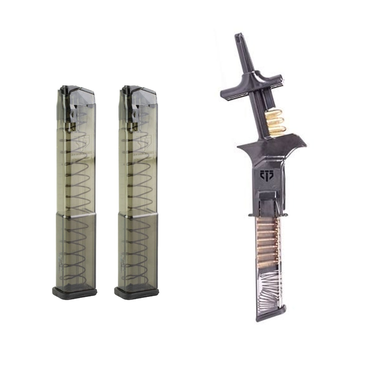 Two ETS 9mm 32 Round Glock Magazines & ETS Universal Pistol Magazine Loader - 