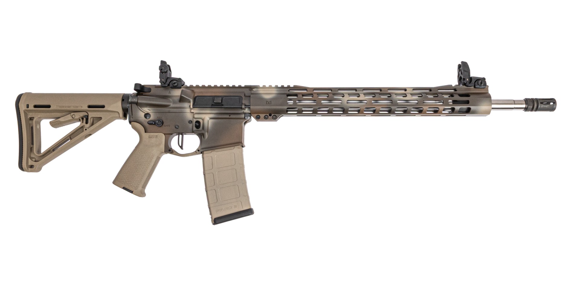 PSA Custom 18" RL SS .223 Wylde 15" Mlok Rifle W/ Mbus Sights, Brownie Camo Tan