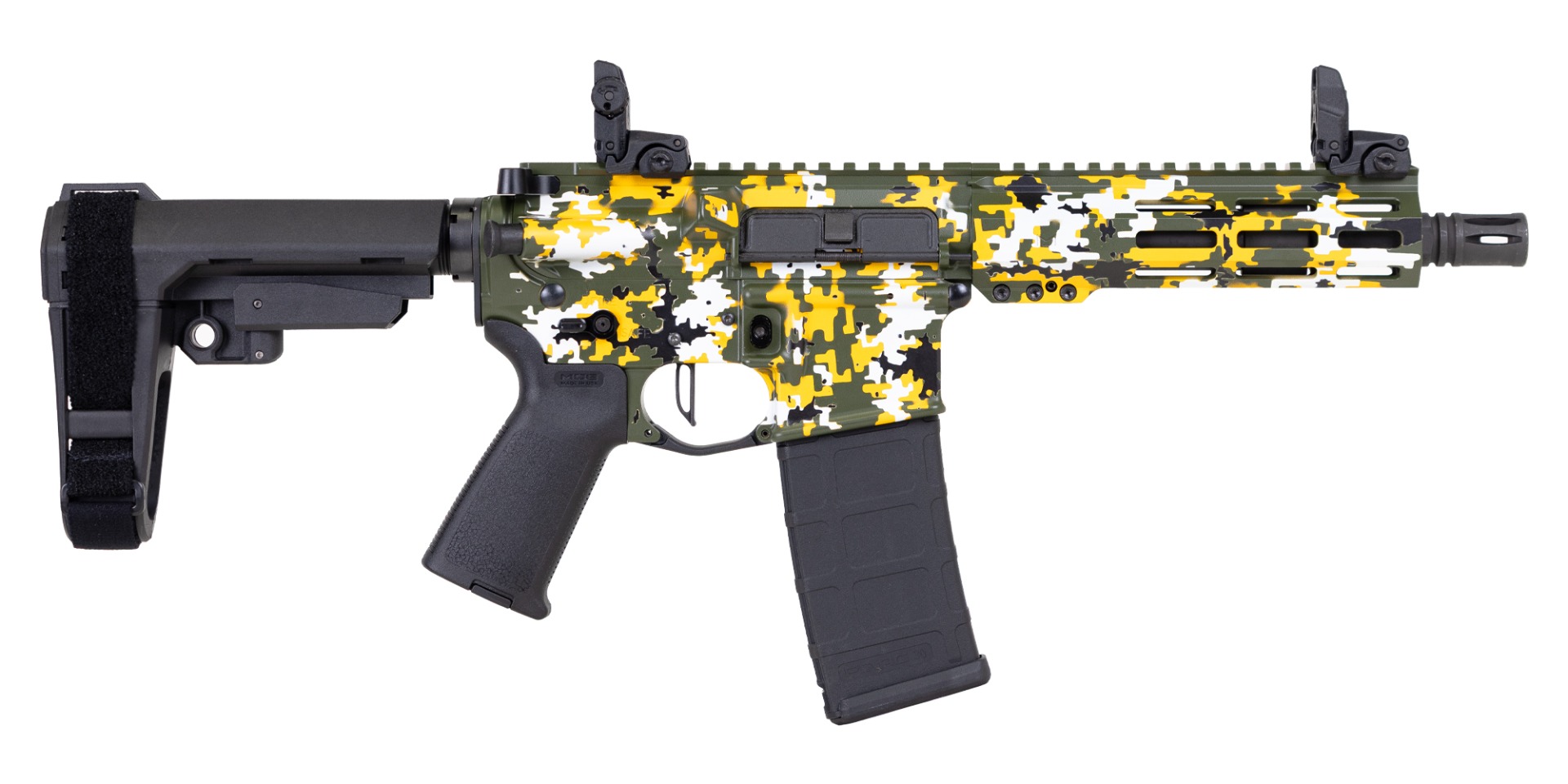 PSA Custom 7.5" .300 AAC Blackout Pistol W/ Flatbow FCG, Magpul Mbus sights, Green Yellow Digi