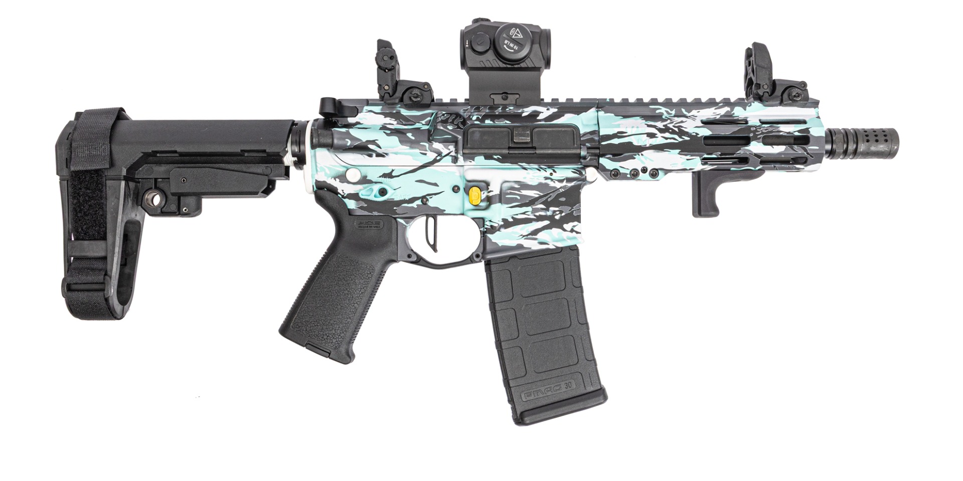 PSA Custom 7" 300 Blackout AAC Pistol W/ 6" Hex Rail, PSA Custom Flatbow FCG, Romeo 5 - 80's Vibe Camo - Psa Custom