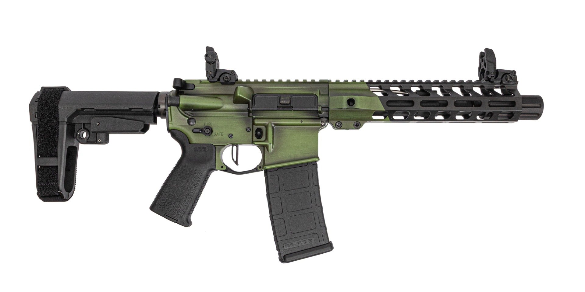 PSA Custom 7.5" 300 Blackout Pistol W/ 9" Lightweight rail, Flash Can, PSA Custom Flatbow FCG, Magpul Mbus Sights, Outlander Rifle Green - Psa Custom