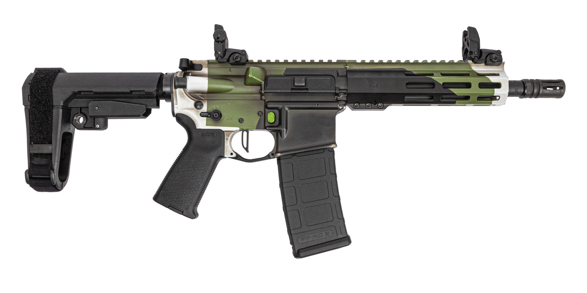 PSA Custom 8.5" .300 Blackout Pistol W/ 7" lightweight Rail, PSA Custom Flatbow FCG, Magpul Mbus sights, Outlander Rifle Green