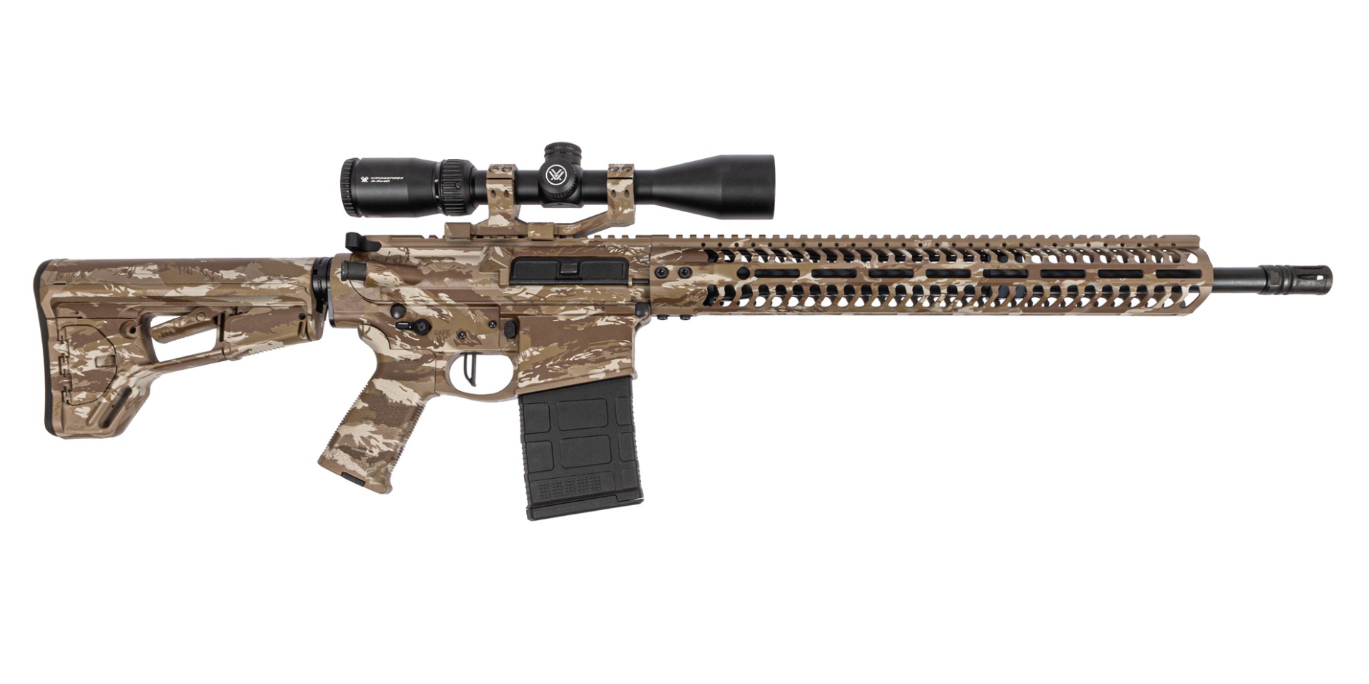 PSA Custom PA10 Gen3 .308 WIN 18" Rifle W/ PSA Custom Flatbow FCG, Vortex Crossfire II 3-9x40, Coyote Tiger Stripe Camo - Psa Custom