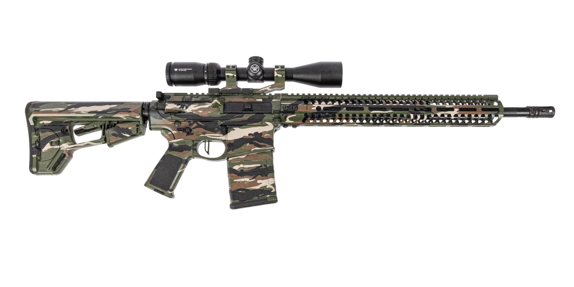 PSA Custom PA10 Gen3 .308 WIN 18" Rifle W/ PSA Custom Flatbow FCG, Vortex Crossfire II 3-9x40, Tiger Stripe Camo - Psa Custom