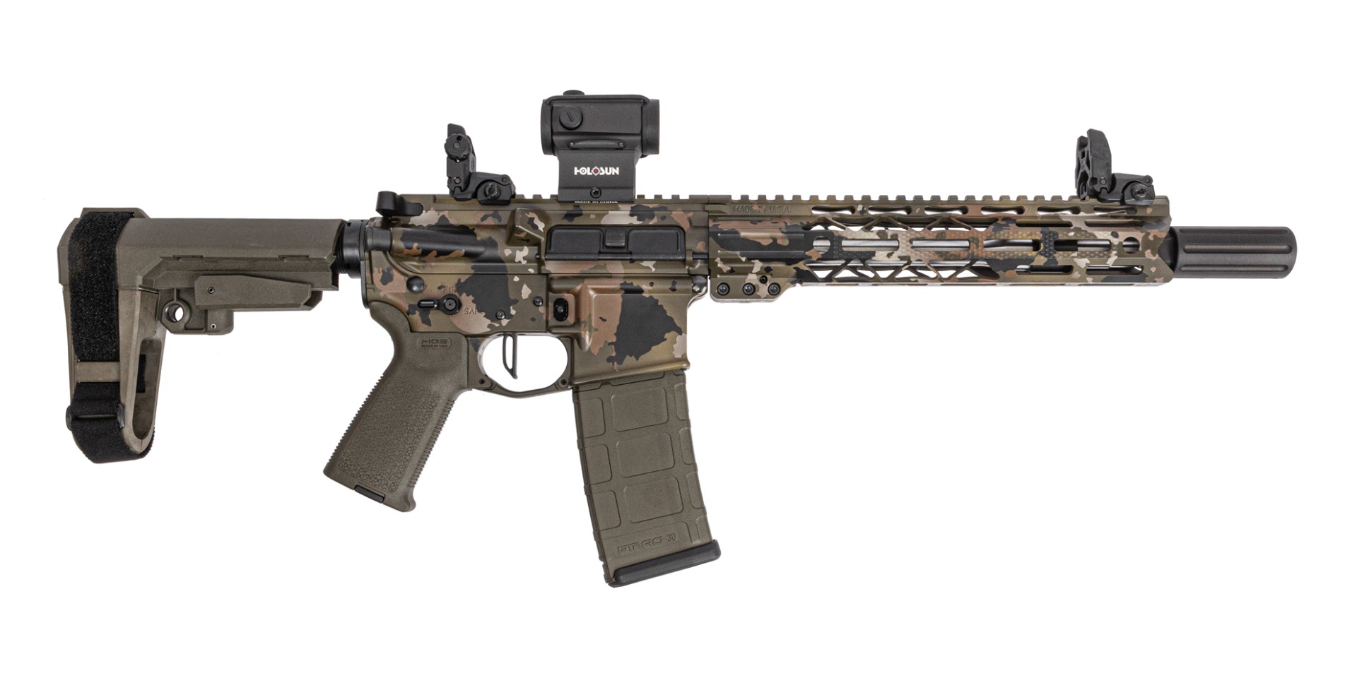 PSA Custom 10.5" SS 1/7 5.56 Pistol W/ 10.5" Mlok, Flat FCG, Holosun Red dot - Hollow Bottom Camo - Psa Custom