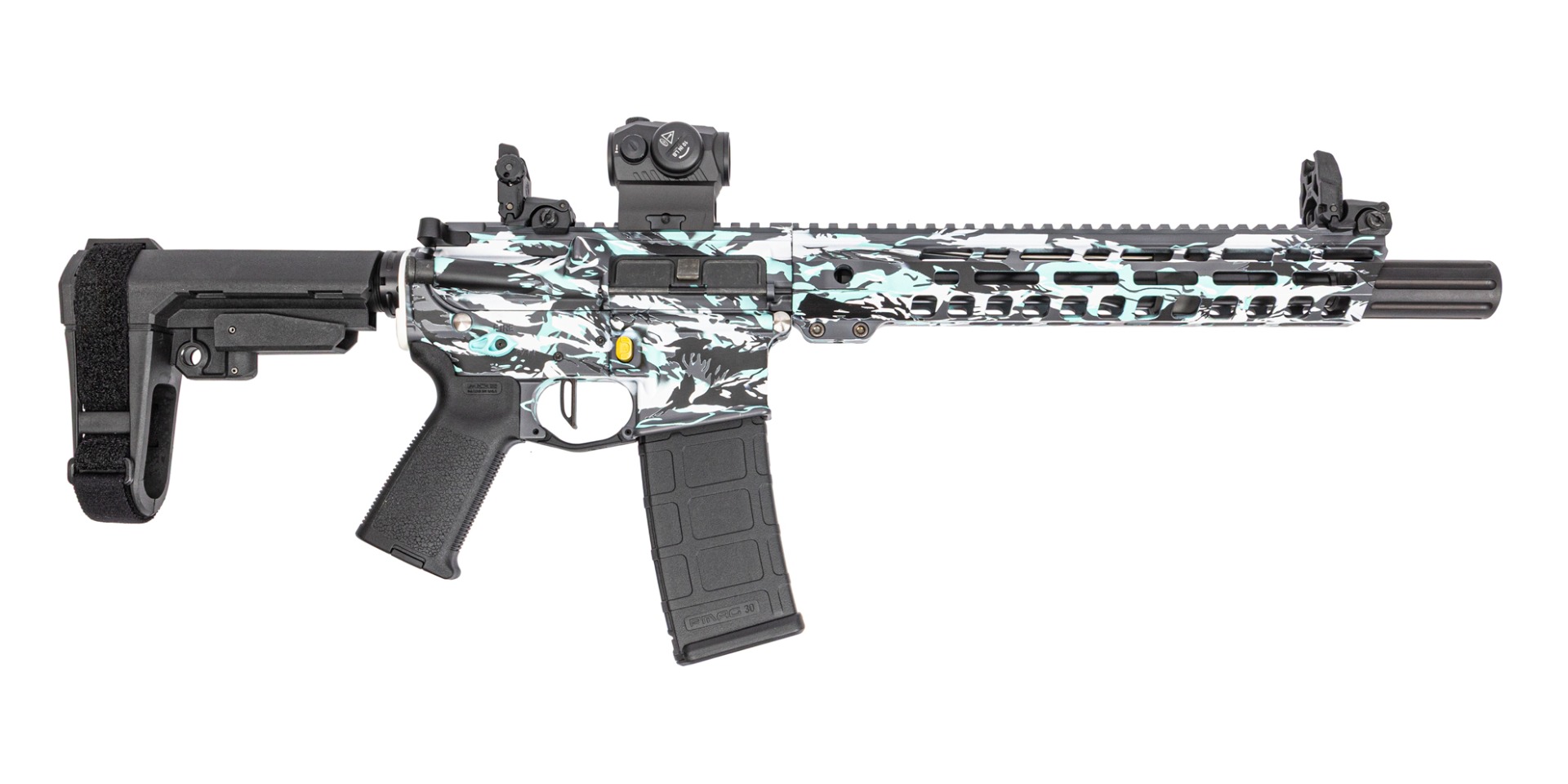 PSA Custom 10.5" 5.56 NATO 1/7 Pistol W/ 12" Slant Rail, PSA Custom Flatbow FCG, Romeo 5 - 80's Vibe Camo - Psa Custom