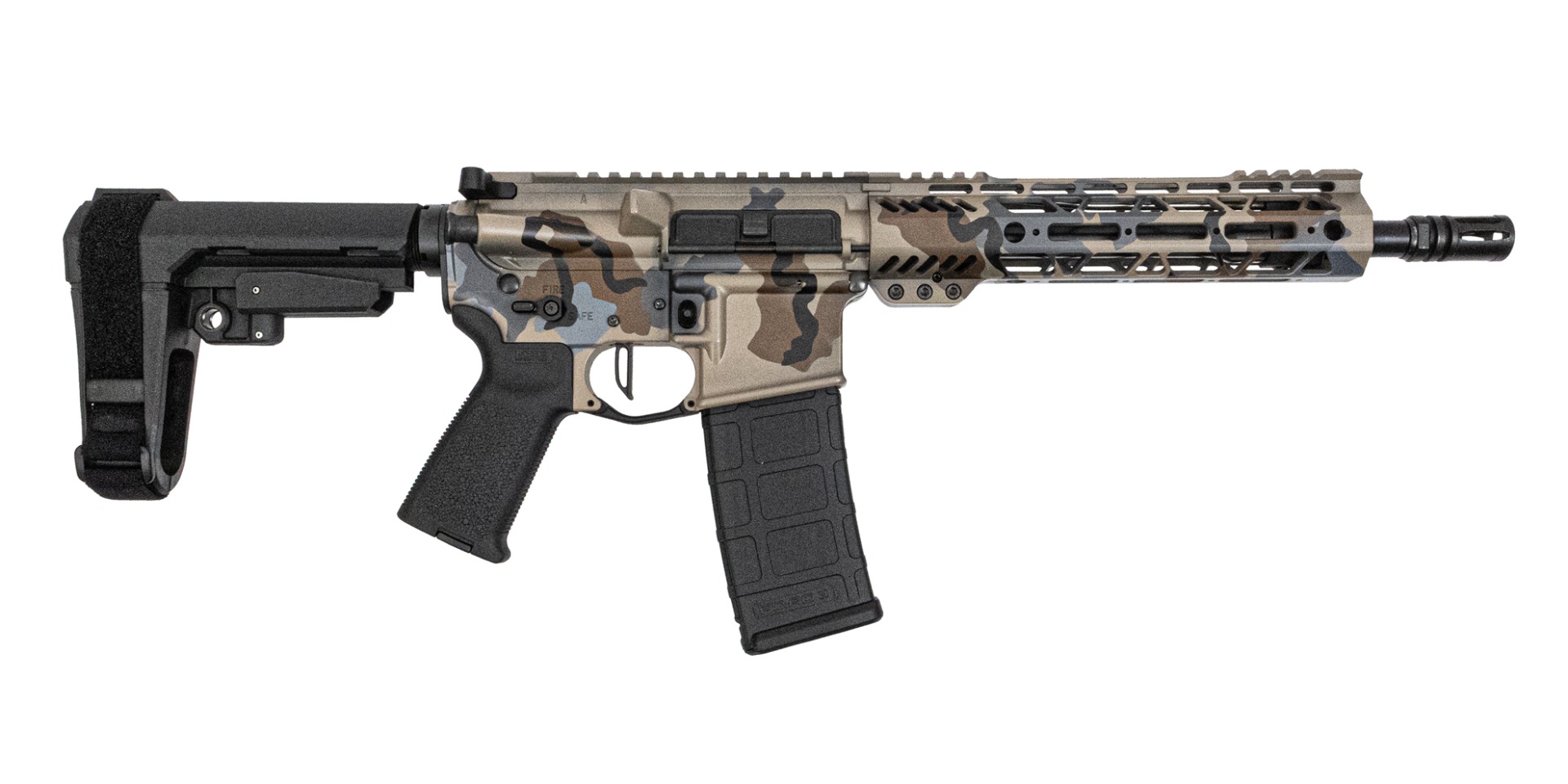 PSA Custom 10.5" 5.56 1/7 Nitride 9" MLok Pistol, PSA Custom 3.5lb Flat FCG - Western Rocky Camo - Psa Custom