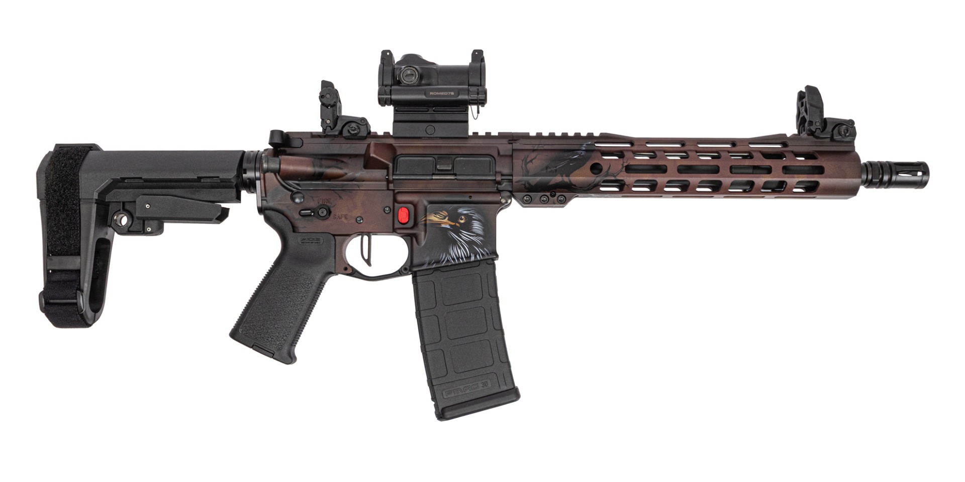 PSA Custom 11.5 5.56 1/7 Pistol W/ 10.5" Lightweight Mlok rail, PSA Custom Flatbow FCG, Magpul Mbus sights, Romeo 7S, La Catrina Rosa