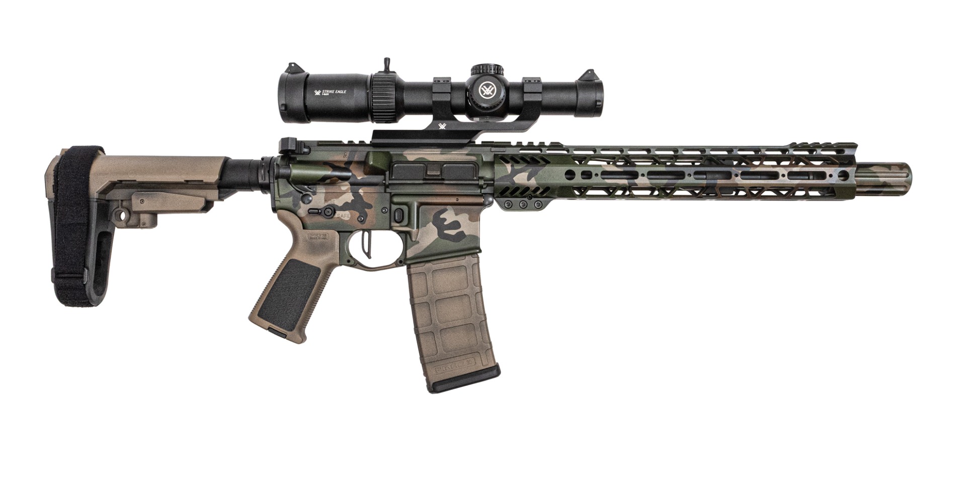 PSA Custom 11.5" 5.56 1/7 Nitride 10.5" LTWT MLOK Pistol, 3.5lb Flat, Vortex Scope - Woodland Camo - Psa Custom
