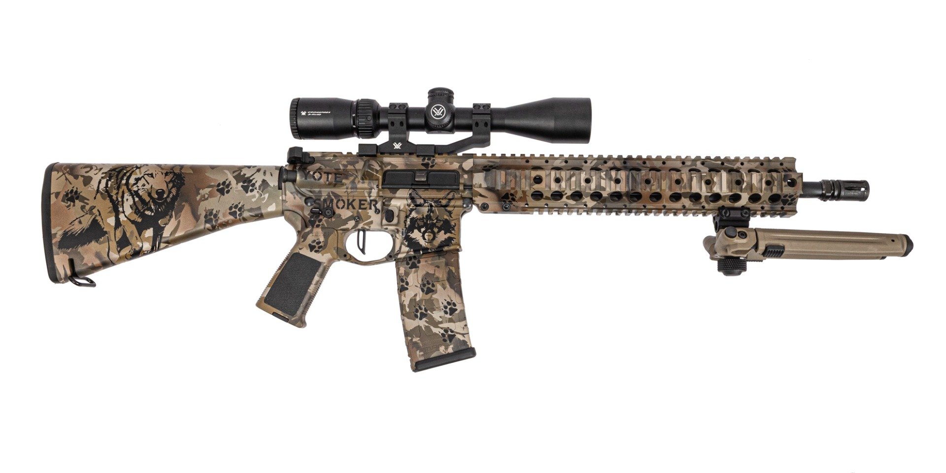 PSA Custom 14.7" P&W CHF 5.56 Nato 1/7 Rifle W/ PSA Custom FCG, Vortex Scope, Magpul Bipod- Yote Smoker