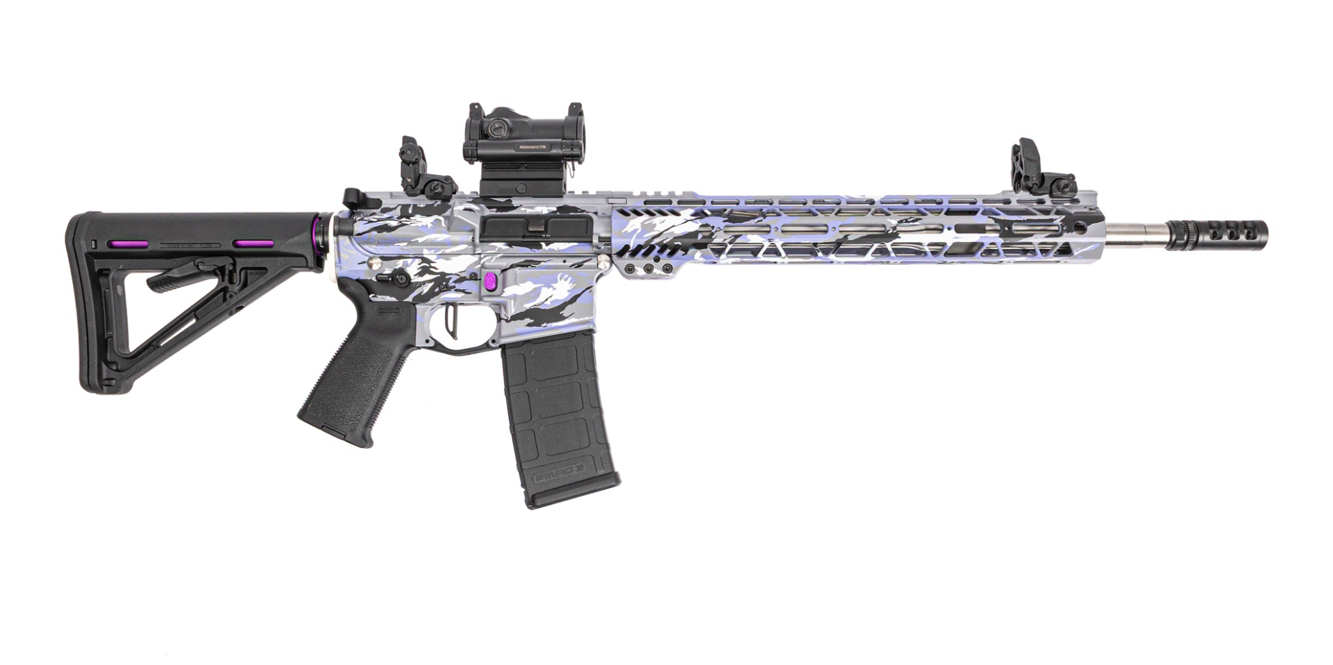 PSA Custom 5.56 16" SS 1/7 Rifle W/ 13.5 M-lok Rail. PSA Custom Flatbow FCG, Romeo 7s Green Dot - 80's Vibe Camo - Psa Custom