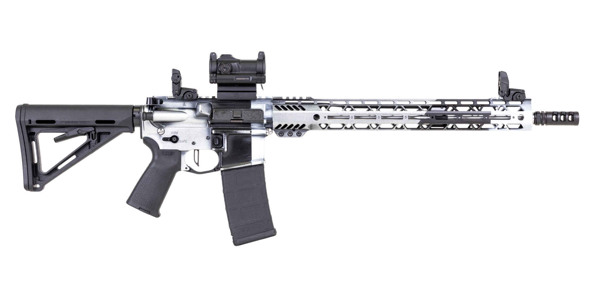 PSA Custom 5.56 16" SS 1/7 Rifle w/ PSA Custom Flatbow FCG, Romeo 7s Magpul Mbus - Silver Phantom - Psa Custom