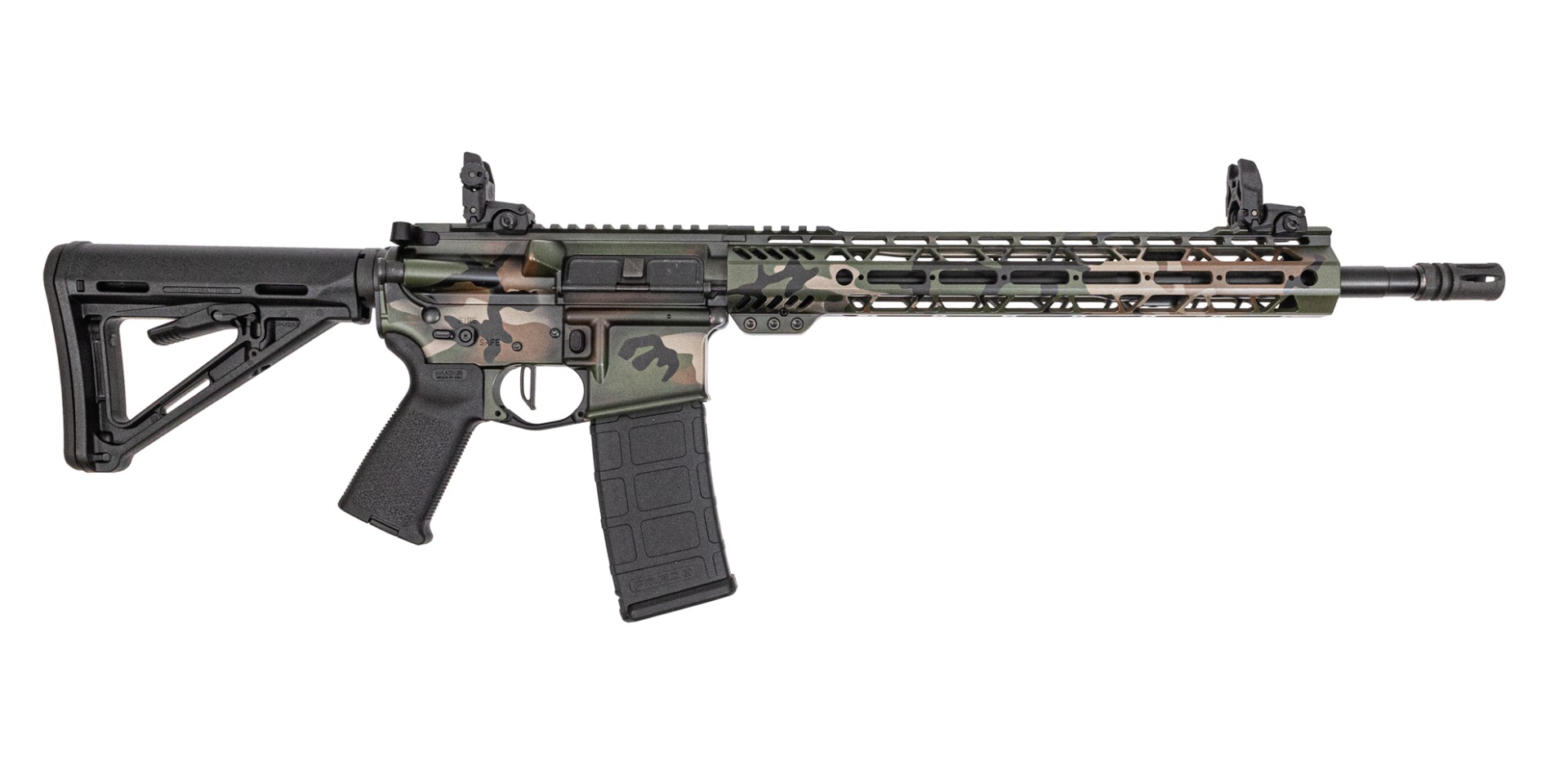 PSA Custom 5.56 16" Mid-Length Nitride 13.5" M-Lok Rifle W/ PSAC 3.5lb Flatbow FCG, Woodland Camo