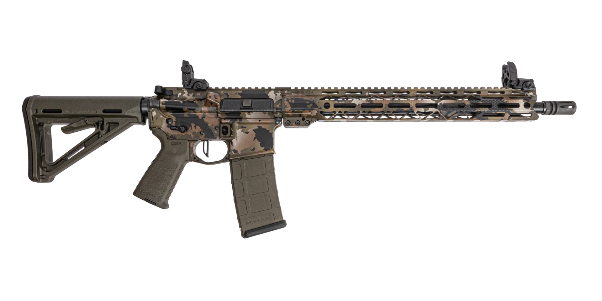 PSA Custom 16" 5.56 1/7 Nitride Rifle W/ 15" Hex Mlok Rail, Mbus SS, Flat FCG - Hollow Bottom Camo - Psa Custom