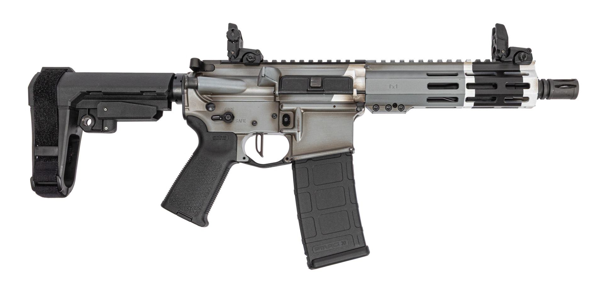 PSA Custom 7.5" 5.56 NATO 1/7 Pistol W/ 7" Lightweigth Rail, PSA Custom Flatbow FCG, Magpul Mbus Sights, Urban Stiker - Psa Custom