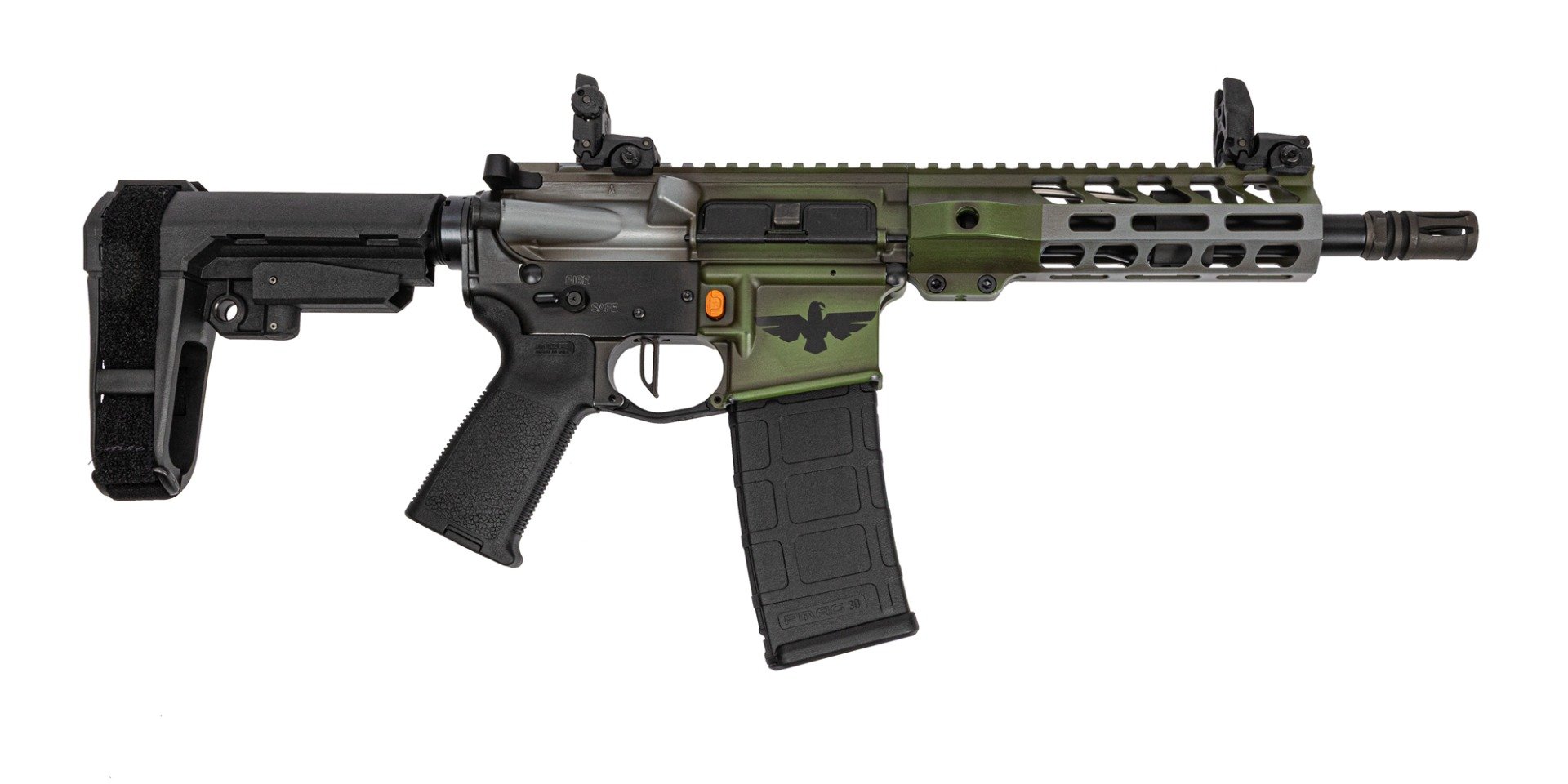 PSA Custom 8.5" 5.56 Pistol W/ 7" Lightweight Rail, PSA Custom Flatbow FCG, Magpul Mbus Sights, Outlander Rifle Green