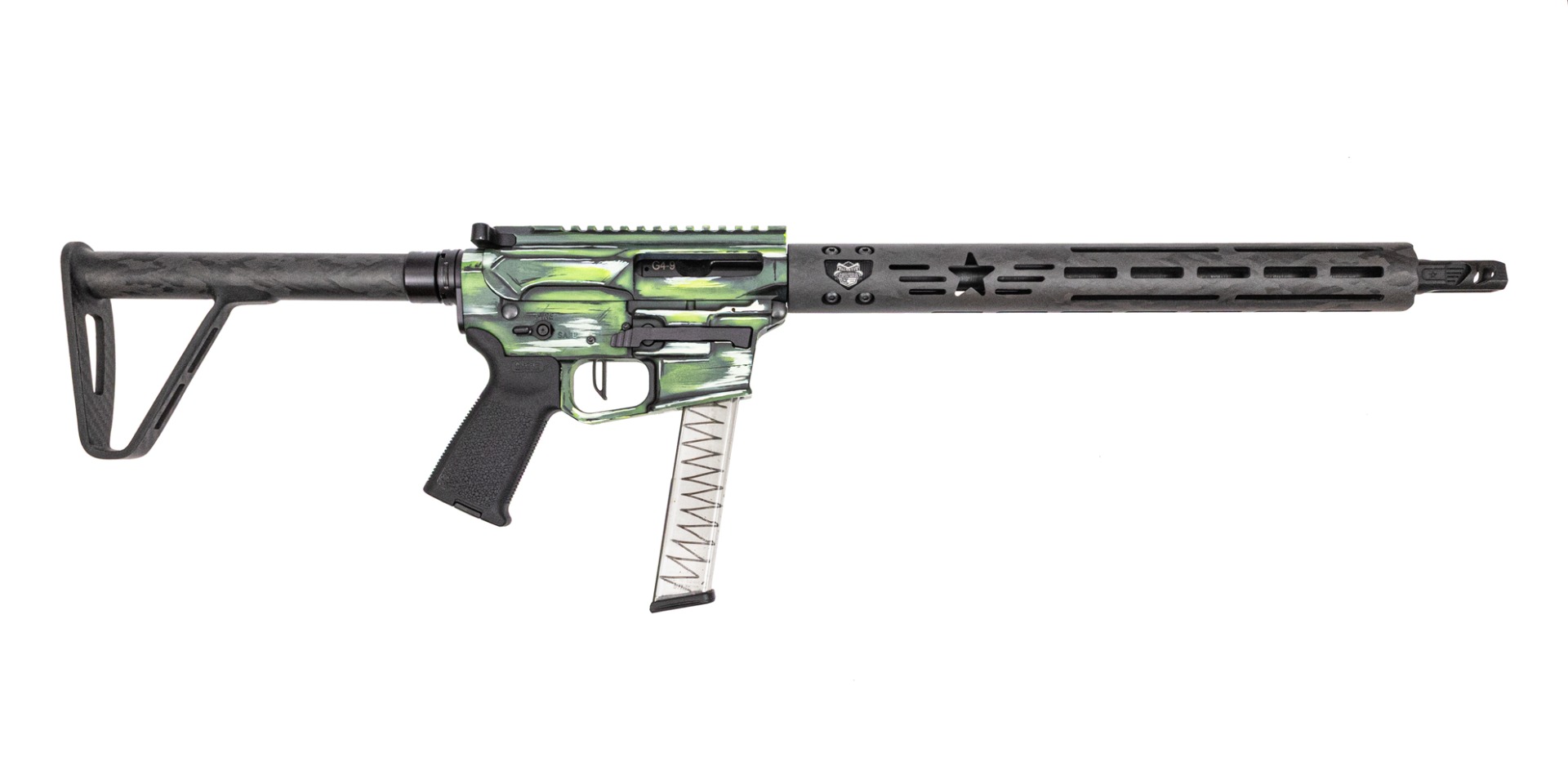 PSA Custom PX9 16" Nitride Rifle W/ Carbon Fiber Handguard and Stock, PSA Custom 3.5lb Flatbow FCG- Outlander Rifle Green - Psa Custom
