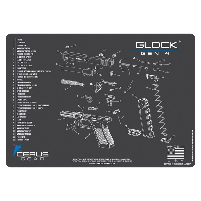 Cerus Gear ProMat 12" x 17" x 3 mm Schematic Mat for Glock Gen 4 G17/G19, Charcoal Gray/Cerus Blue - Cerus Gear