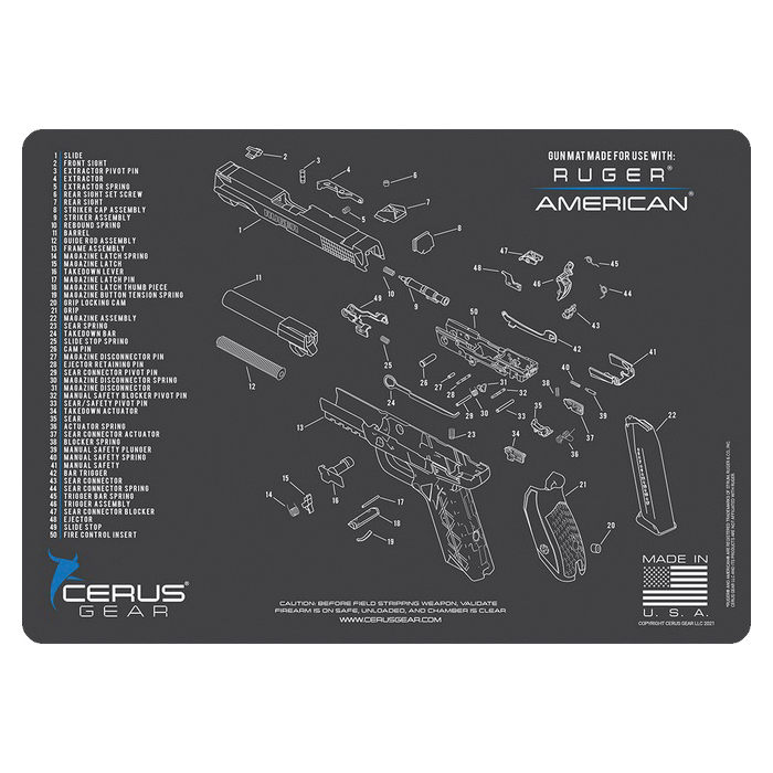 Cerus Gear ProMat 12" x 17" x 3 mm Schematic Mat for Ruger American Duty, Charcoal Gray/Cerus Blue - Cerus Gear