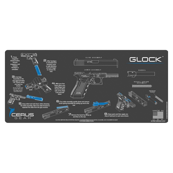Cerus Gear ProMat 12" x 27" x 3 mm Instructional Mat for Glock G17/G19, Charcoal Gray/Cerus Blue - Cerus Gear