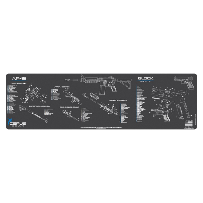 Cerus Gear ProMat 14" x 48" x 3 mm Schematic Magnum Mat for Glock Gen 4, Charcoal Gray/Cerus Blue - Cerus Gear