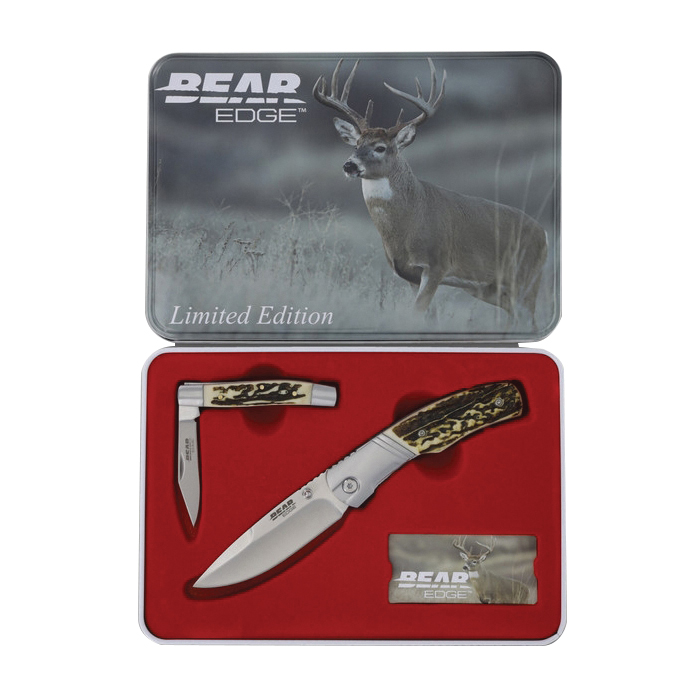 Bear & Son Limited Edition Deer Tin Gift Folding Knife Set Drop Point, Brown - Bear & Son