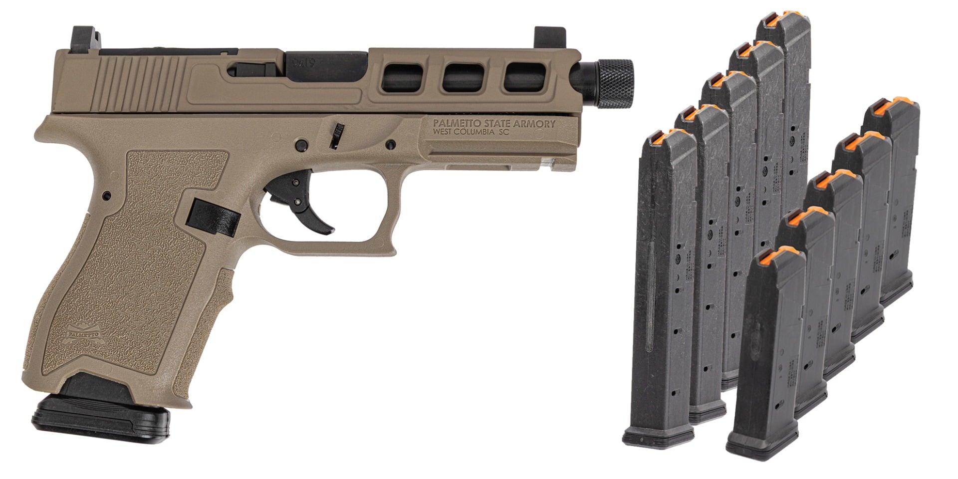 PSA Dagger Compact SW3 RMR Pistol, Threaded Barrel w/ 5 15rd & 5 27rd Mags, FDE