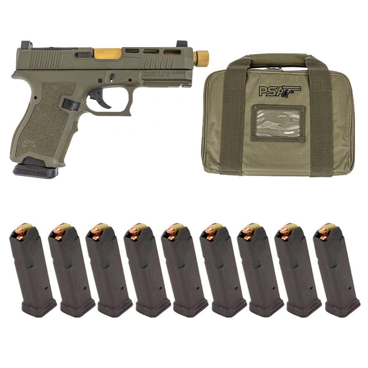 PSA Dagger Compact 9mm SW2 Doctor Cut Pistol With 2XL Sights, Gold Threaded Barrel, & (10) 15rd Magazines, Sniper Green - Palmetto State Armory