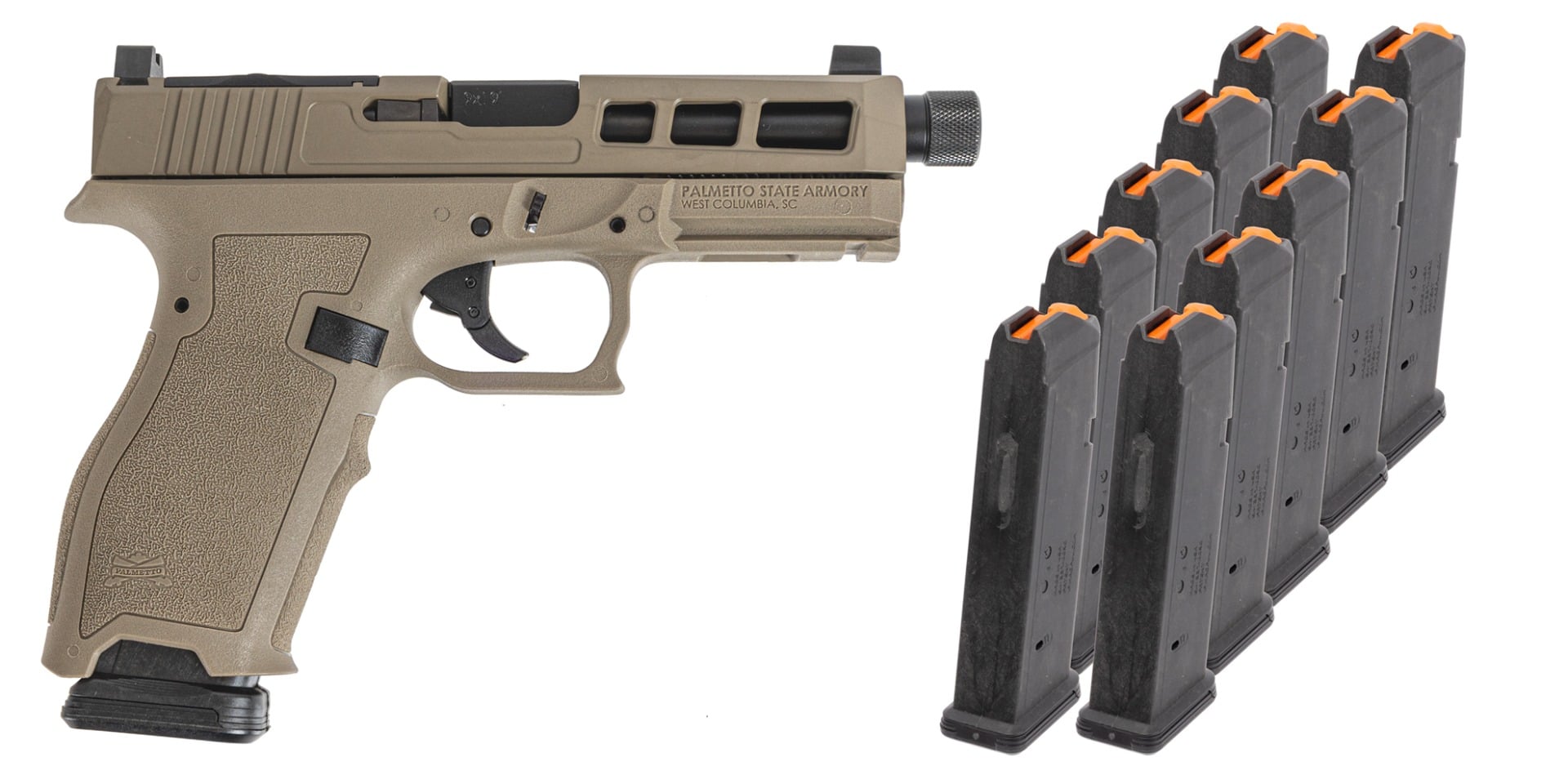PSA Dagger Full Size - S 9mm Pistol with SW1 RMR with Threaded Barrel & 10 17rd Mags & Bag, FDE (Rear Sight Rear)