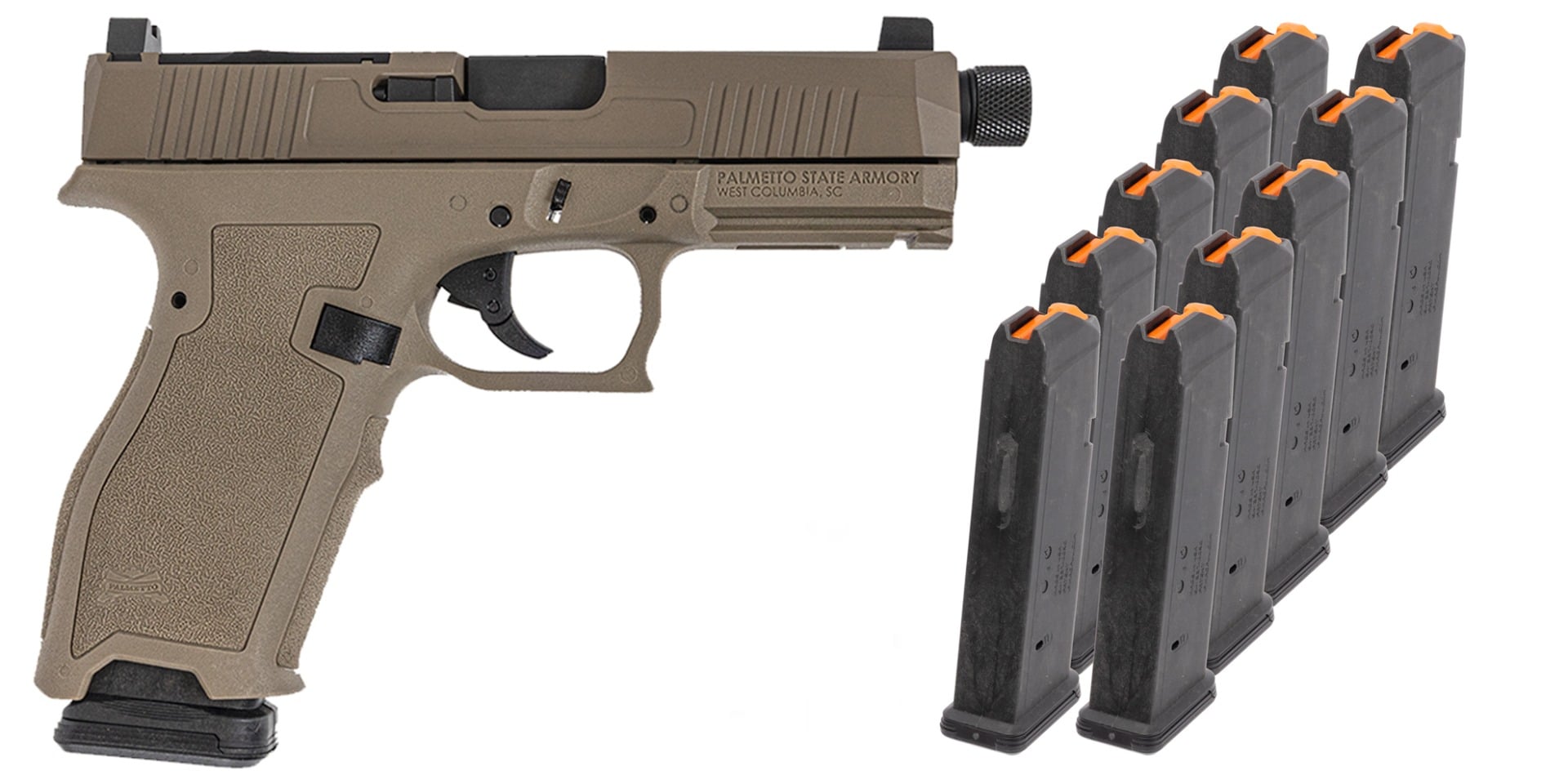 PSA Dagger Full Size - S 9mm ECC RMR Threaded Barrel Pistol With 10 17rd Magazines & Pistol Case, Flat Dark Earth