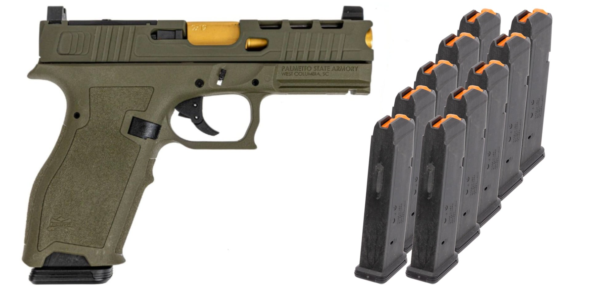 PSA Dagger Full Size - S 9mm Pistol With SWR RMR Slide W/Gold Barrel, Sniper Green With 10-17rd PMAGS & PSA Pistol Bag