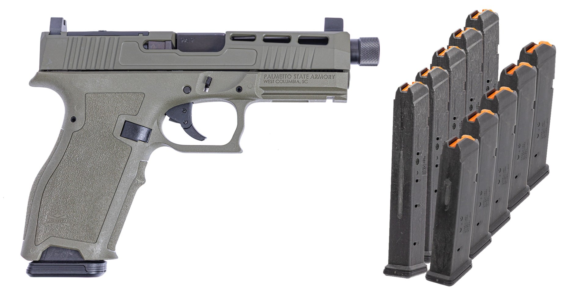 PSA Dagger Full Size - S 9mm Pistol with SW2 RMR, Threaded Barrel & 5 17rd & 5 27rd Mags, Sniper Green
