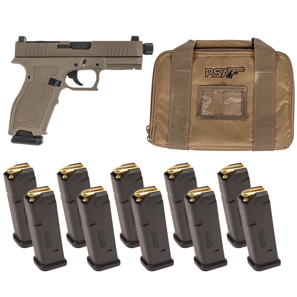 PSA Dagger Full Size - S 9mm ECC RMR Threaded Barrel Pistol With 10 17rd Magazines & Pistol Case, Flat Dark Earth