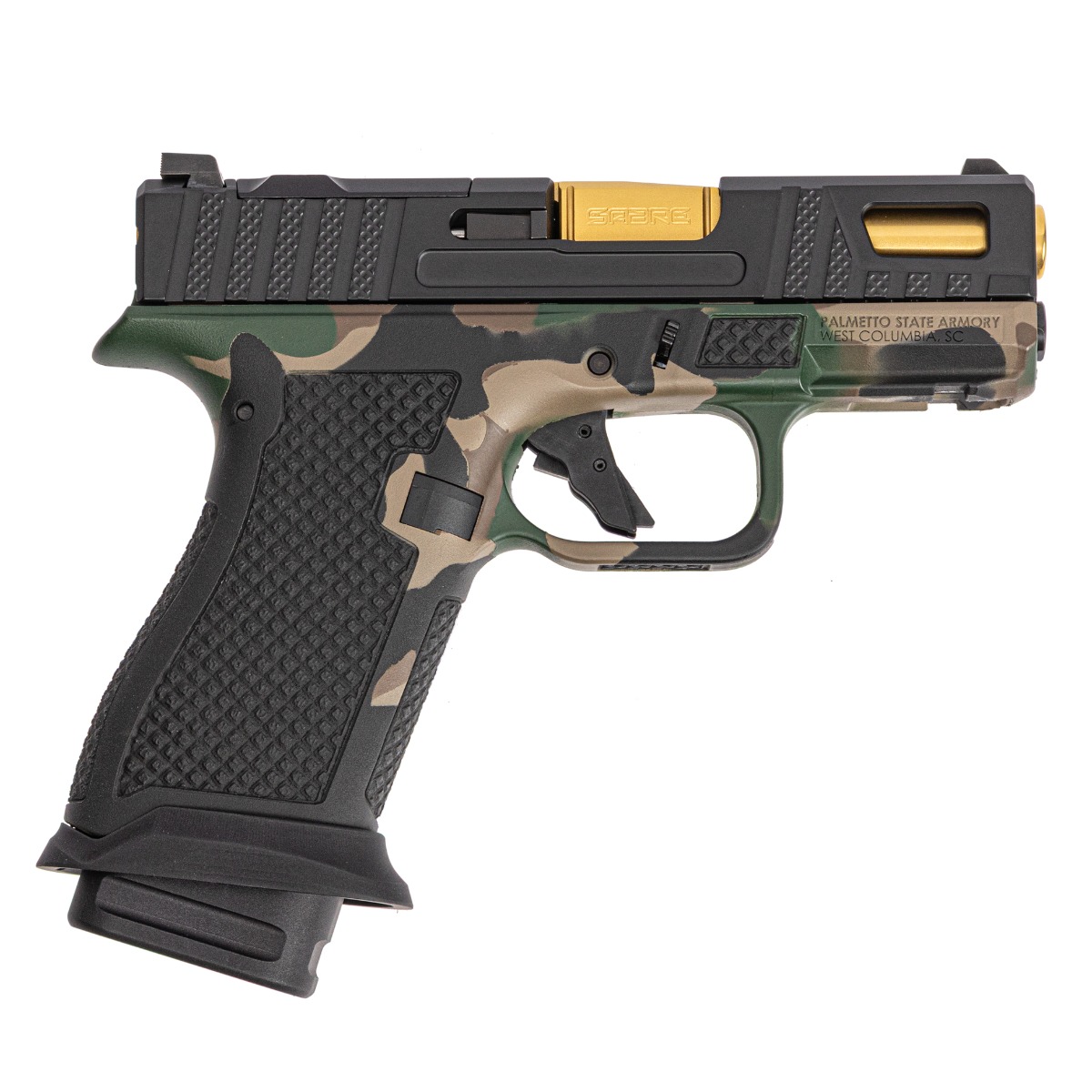 PSA Sabre Dagger Micro 9mm Pistol, TiN Barrel, w/ Mag Extensions, M81 Woodland Camo - Palmetto State Armory
