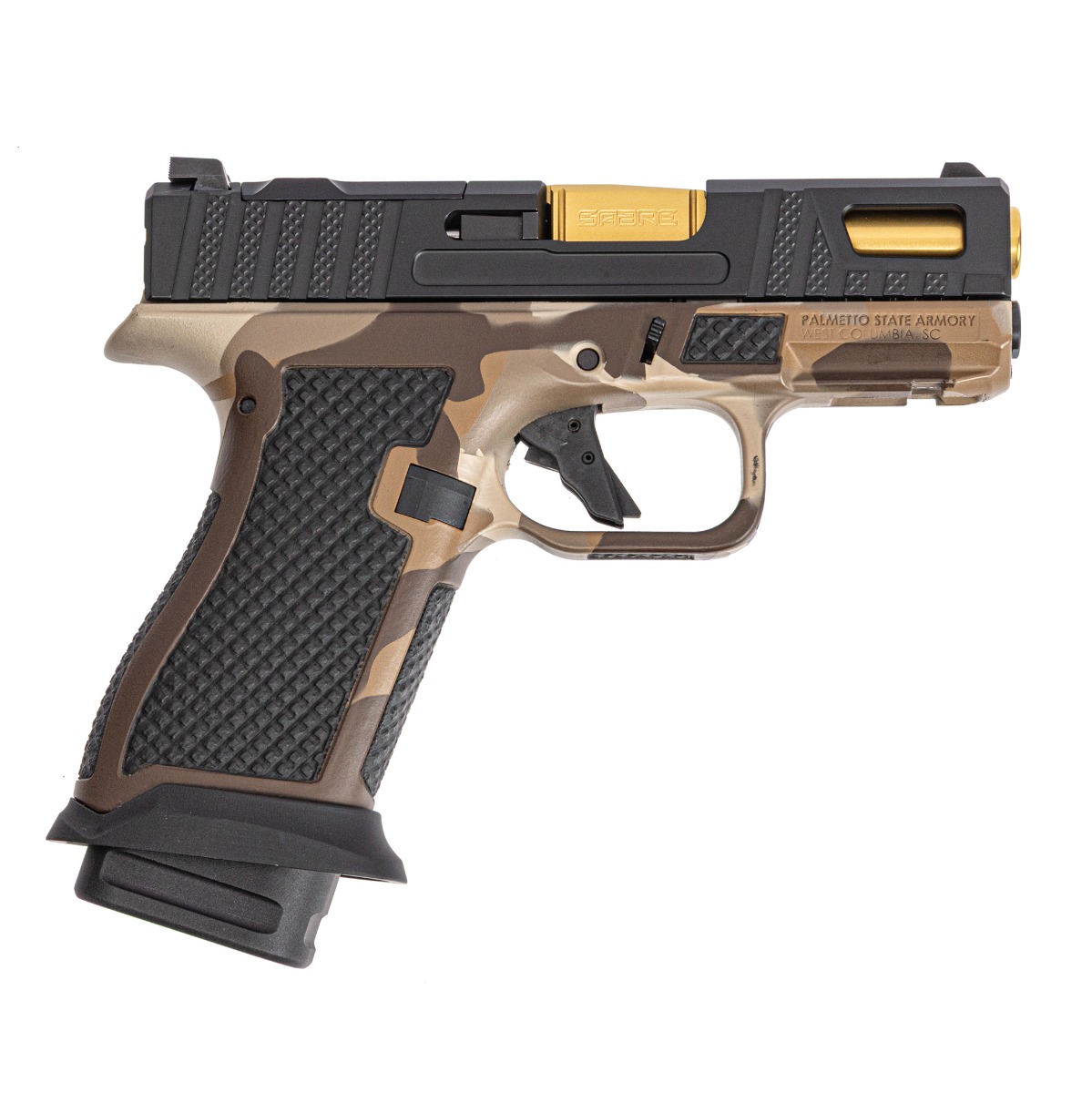 PSA Sabre Dagger Micro 9mm Pistol, TiN Barrel, w/ Mag Extensions, M81 Desert Camo - Palmetto State Armory