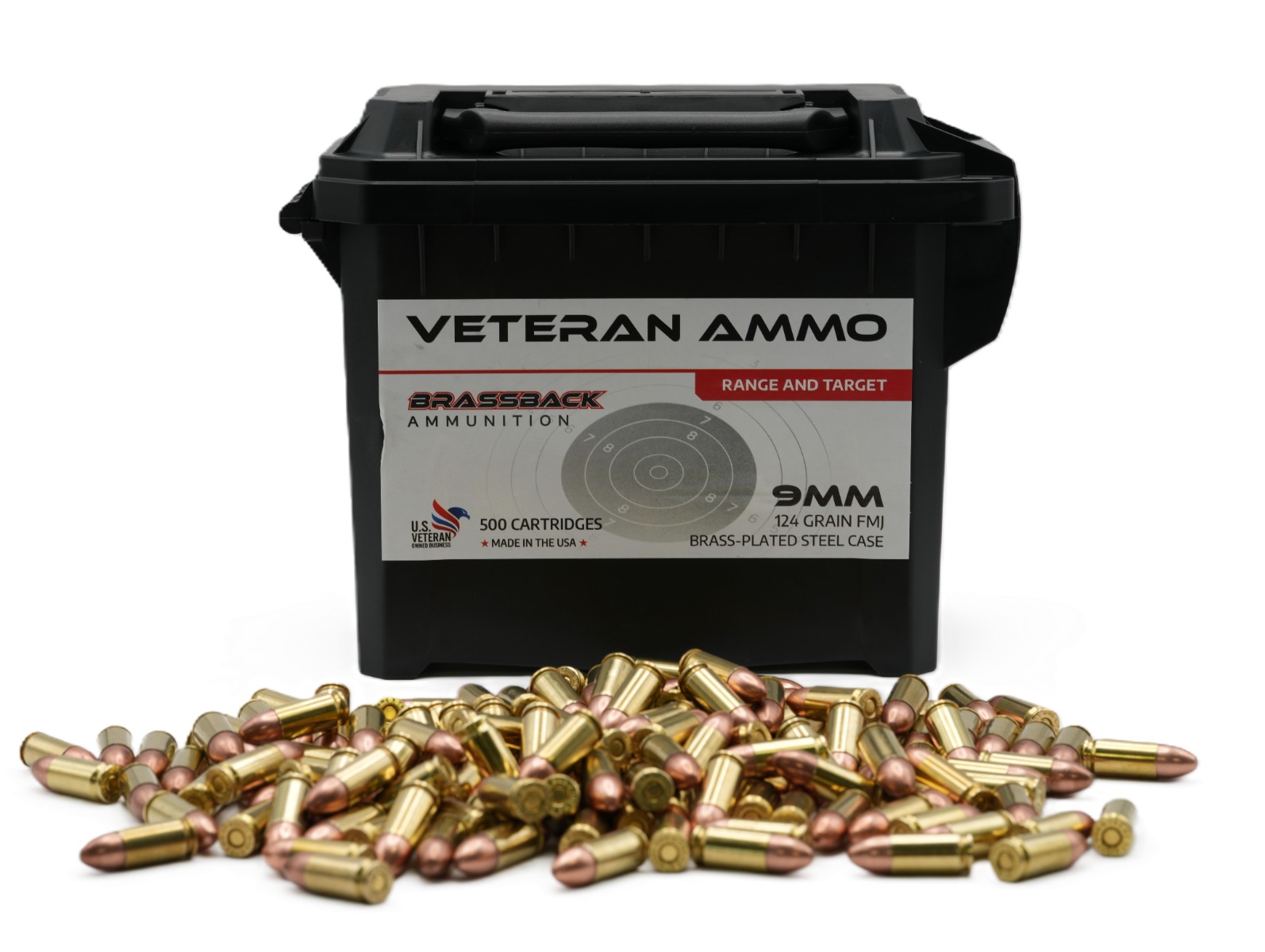 Veteran Ammo 9mm 124gr FMJ Brass Plated Steel Case 500rd Ammo Can - HMCAN-9-124-BPS-500 - Veteran Ammo
