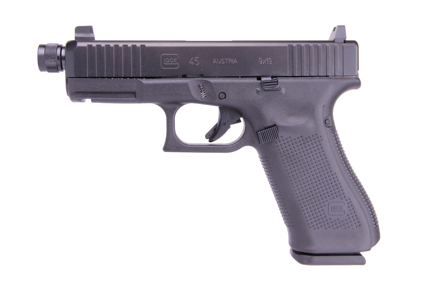 Glock 45 Gen 5 9mm Pistol with Front Serrations and Threaded Barrel, Black - PA455S3G03tb - Glock