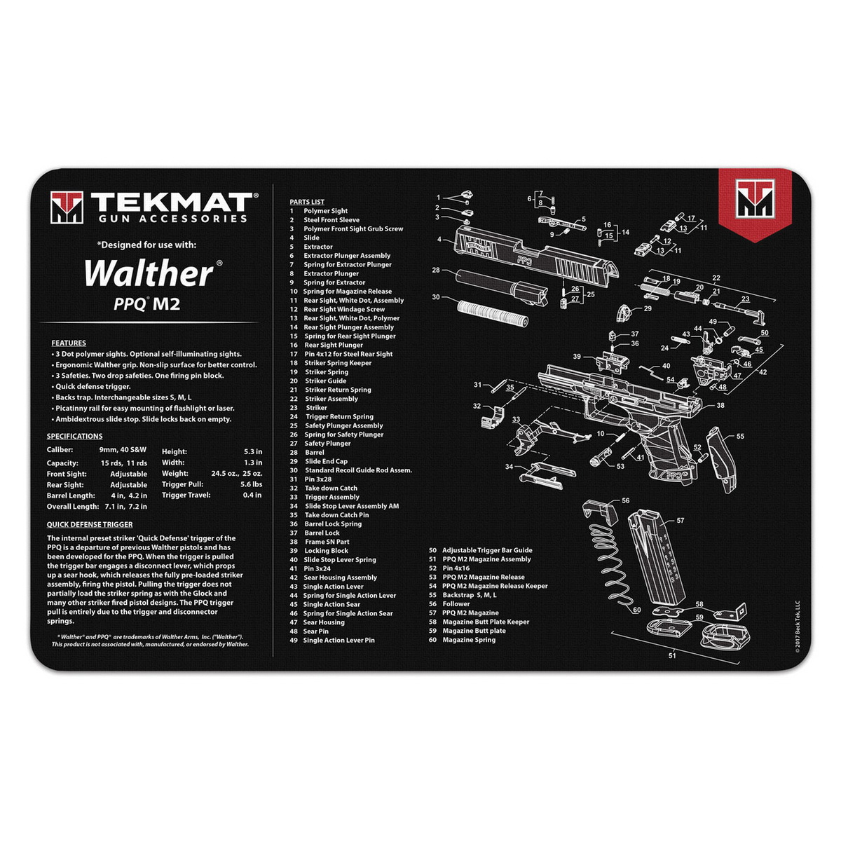 TEKMAT 17" x 11" x 0.13" Cleaning Mat for Walther PPQ Mod2 - Tekmat
