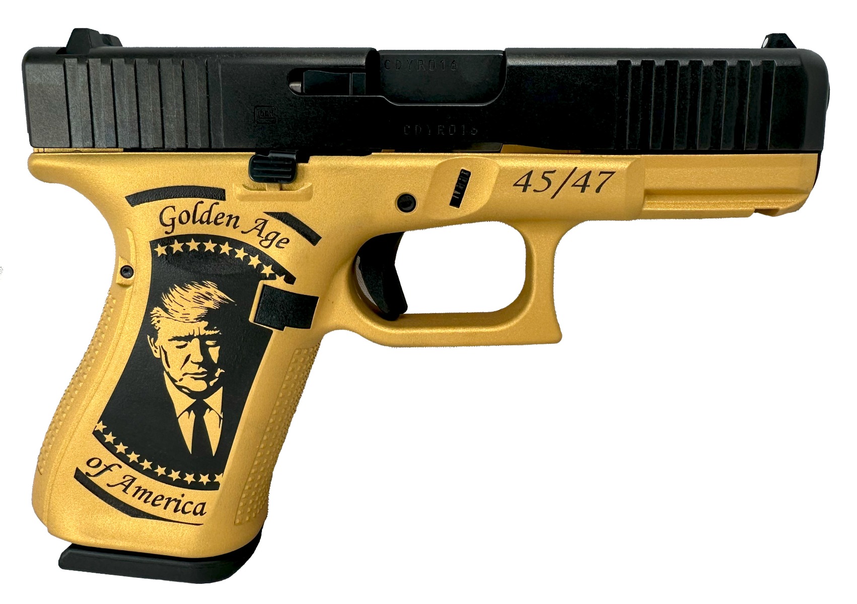 Glock G19 Gen5 Trump Victory / Golden Age 4" 9mm 15rd Pistol, Gold / Black - HS20 - Glock