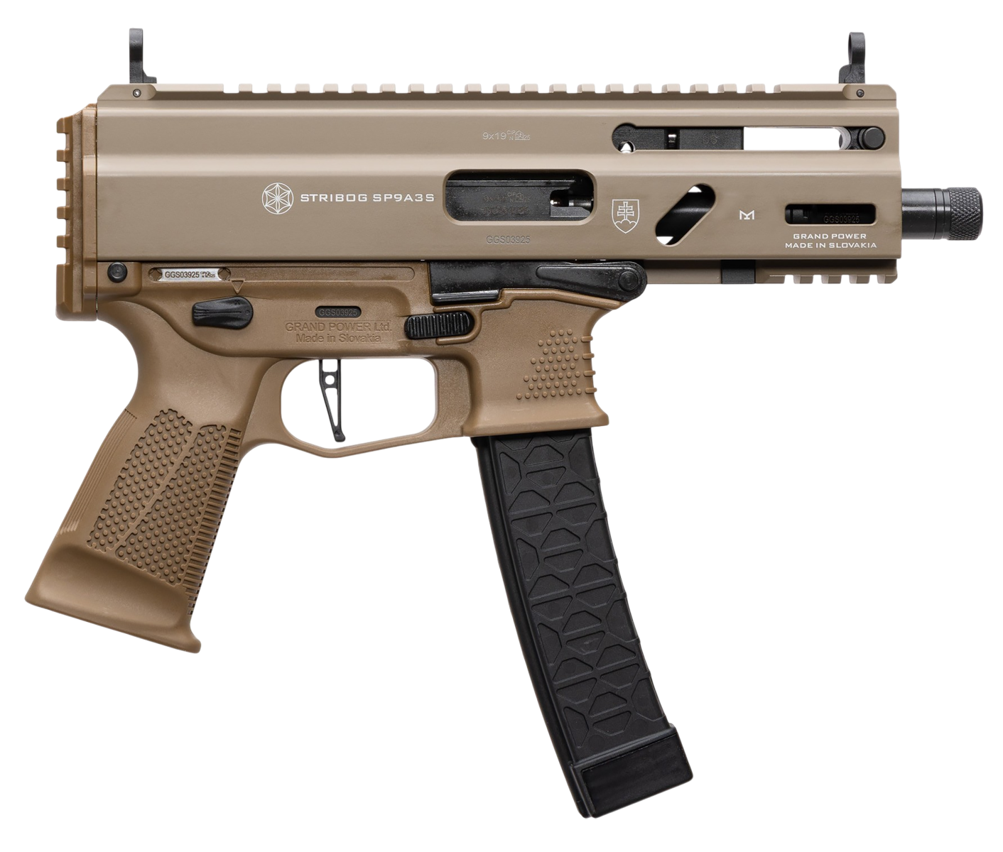 Grand Power Stribog SP9A3S 9mm 5" 30rds, Flat Dark Earth - Grand Power