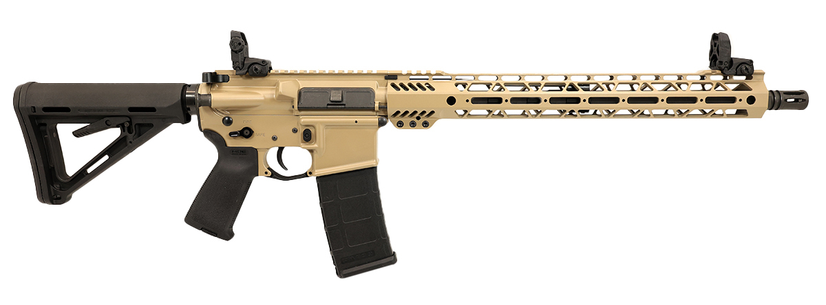PSA Custom 5.56 NATO 16" Mid Length 15" Cross-Cut Rifle w/ 3.5lb Curved Bow FCG, Ambi Safety, & MBUS Sight Set - Tan - Psa Custom