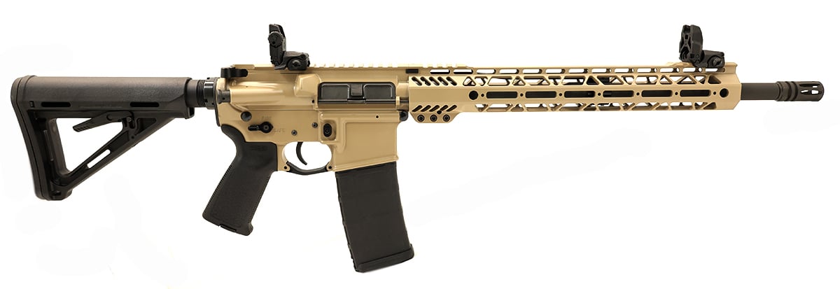 PSA Custom 5.56 NATO 16" Nitride 1/7 13.5" Cross Cut MLOK MOE Rifle w/ 3.5 lb Curved Bow FCG, Ambi Safety & MBUS - Tan - Psa Custom