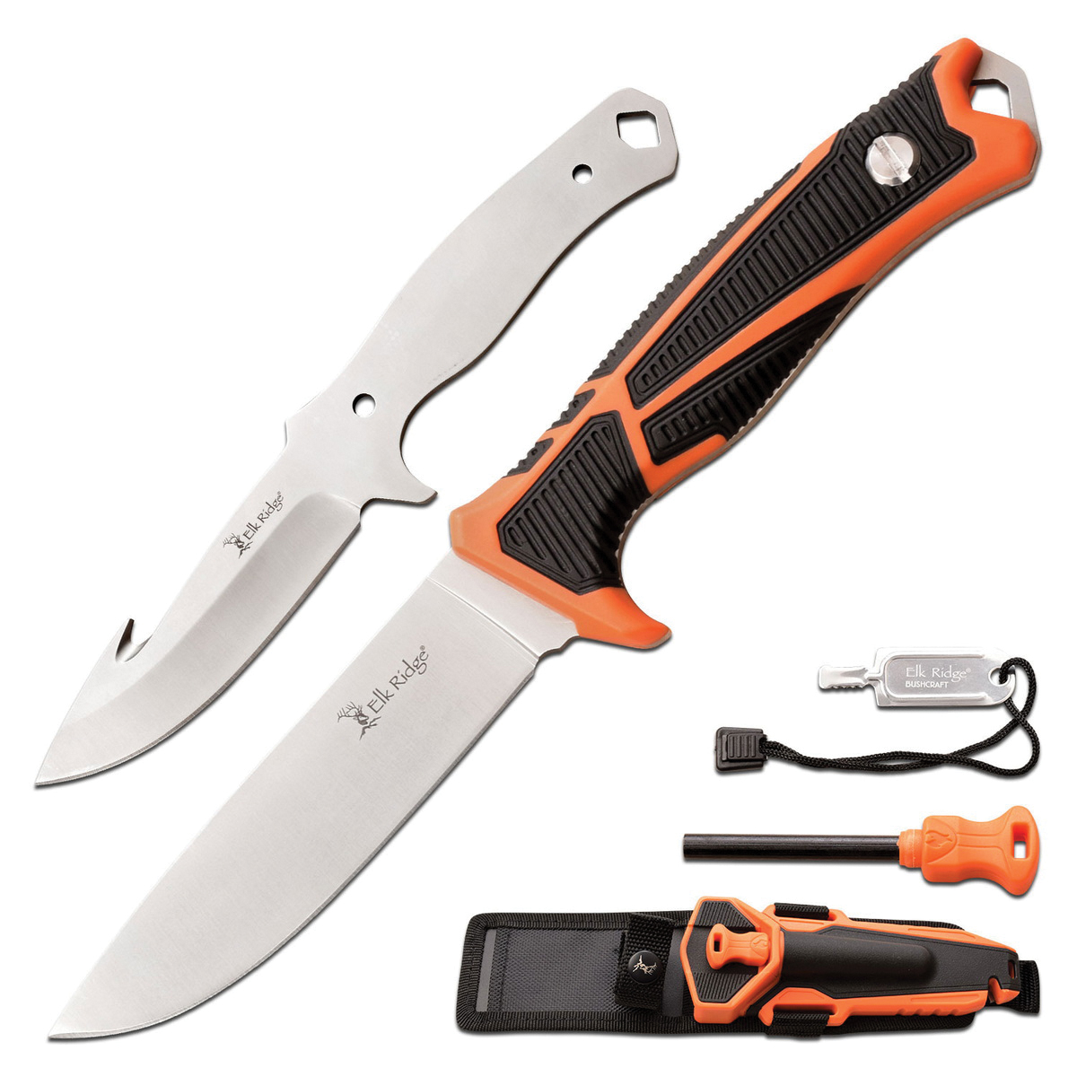Elk Ridge TREK Fixed Knife Drop Point/Gut Hook, Black/Orange