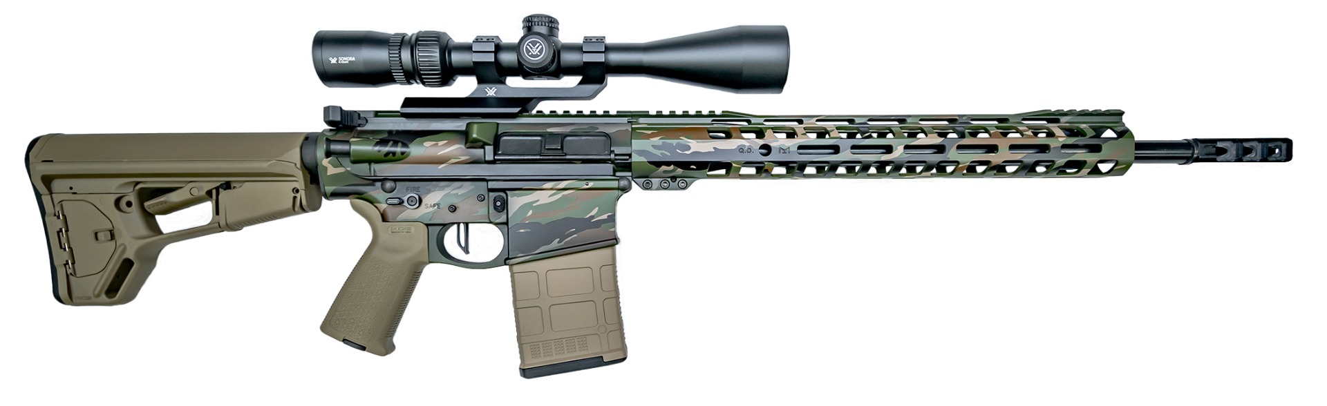 PSA Custom PA-10 GEN3 .308WIN 18" Mid-Length 15" MLOK Rifle W/ Vortex Sonora 4-12X44 Scope, Tiger Stripe Camo Tan Furniture - Psa Custom