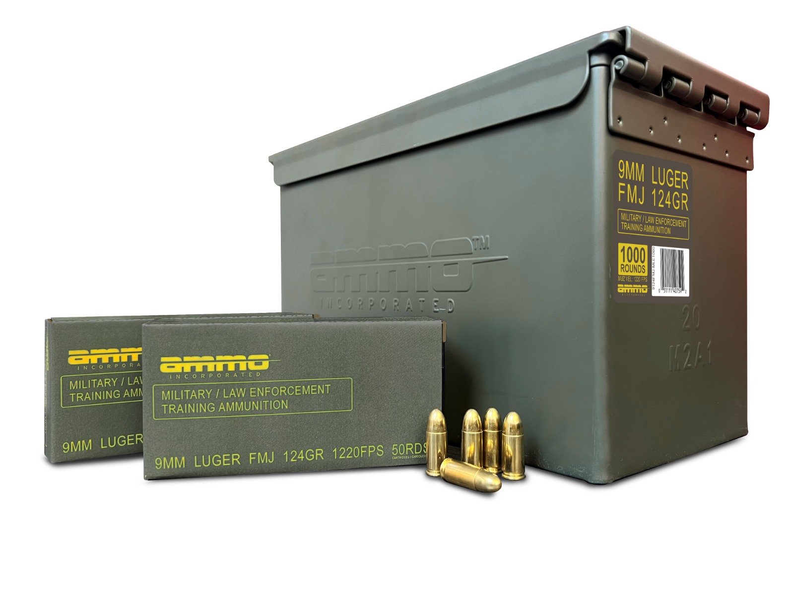 Ammo Inc 9mm 124gr FMJ Military-Law Enforcement Training Ammo 1,000rd Can - 9124FMJ-MLE1000 - Ammo Inc