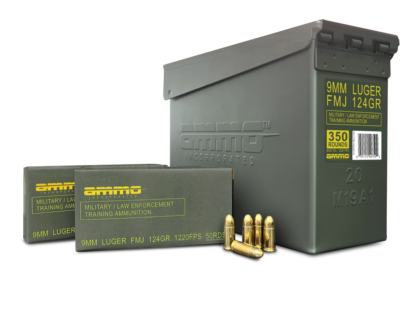 Ammo Inc 9mm 124gr FMJ Military-Law Enforcement Training Ammo 350rd Can - 9124FMJ-MLE350 - Ammo Inc