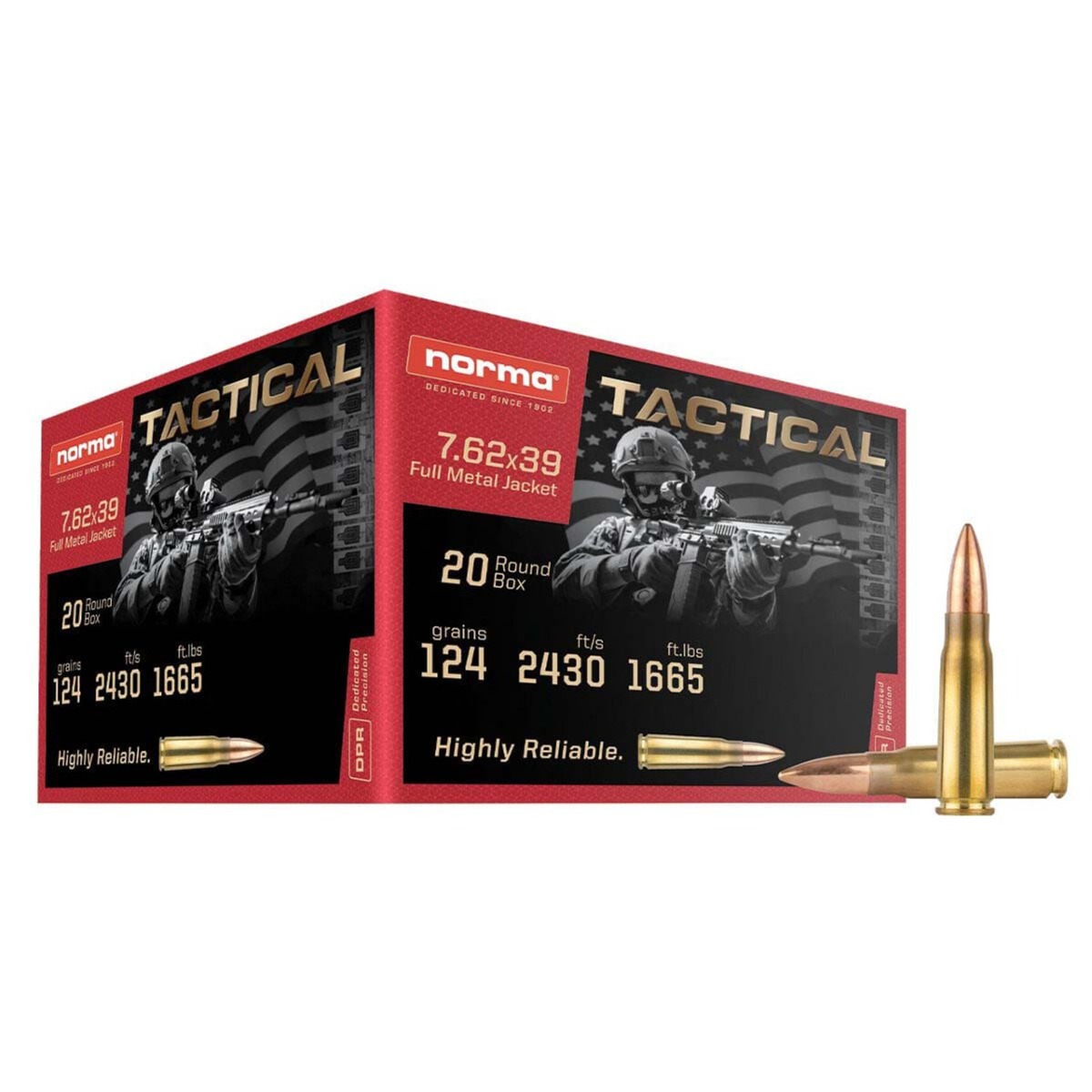 Norma Tactical 124 gr FMJ 7.62x39 Ammunition, 20 Rounds - 295540020 - Norma