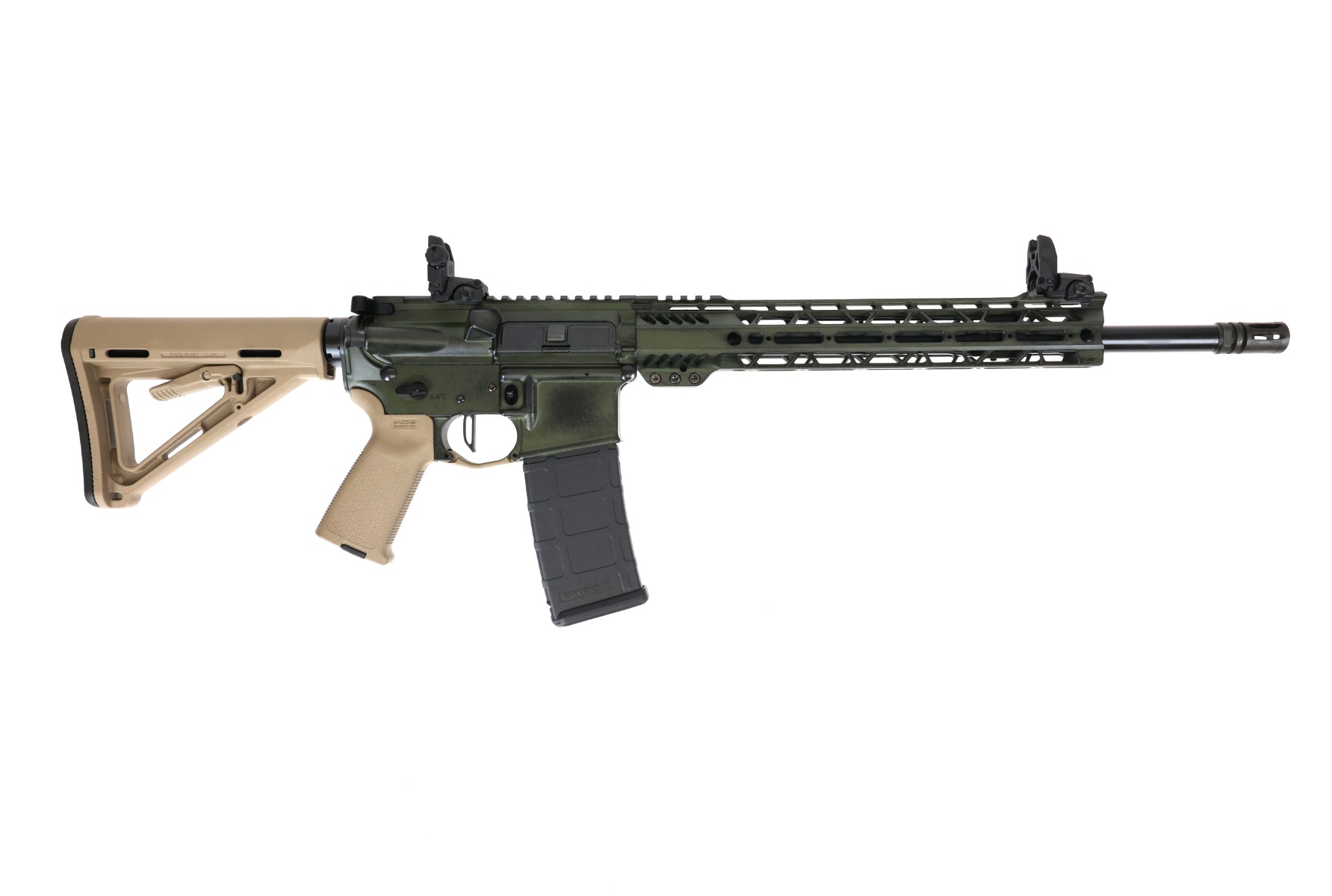 PSA Custom 5.56 Nato 16" Nitride Mid-Length 12" Cross-cut Rifle w/5lb Flat Bow Fcg, Ambi Safety & Mbus- Battle Green/Fde - Psa Custom