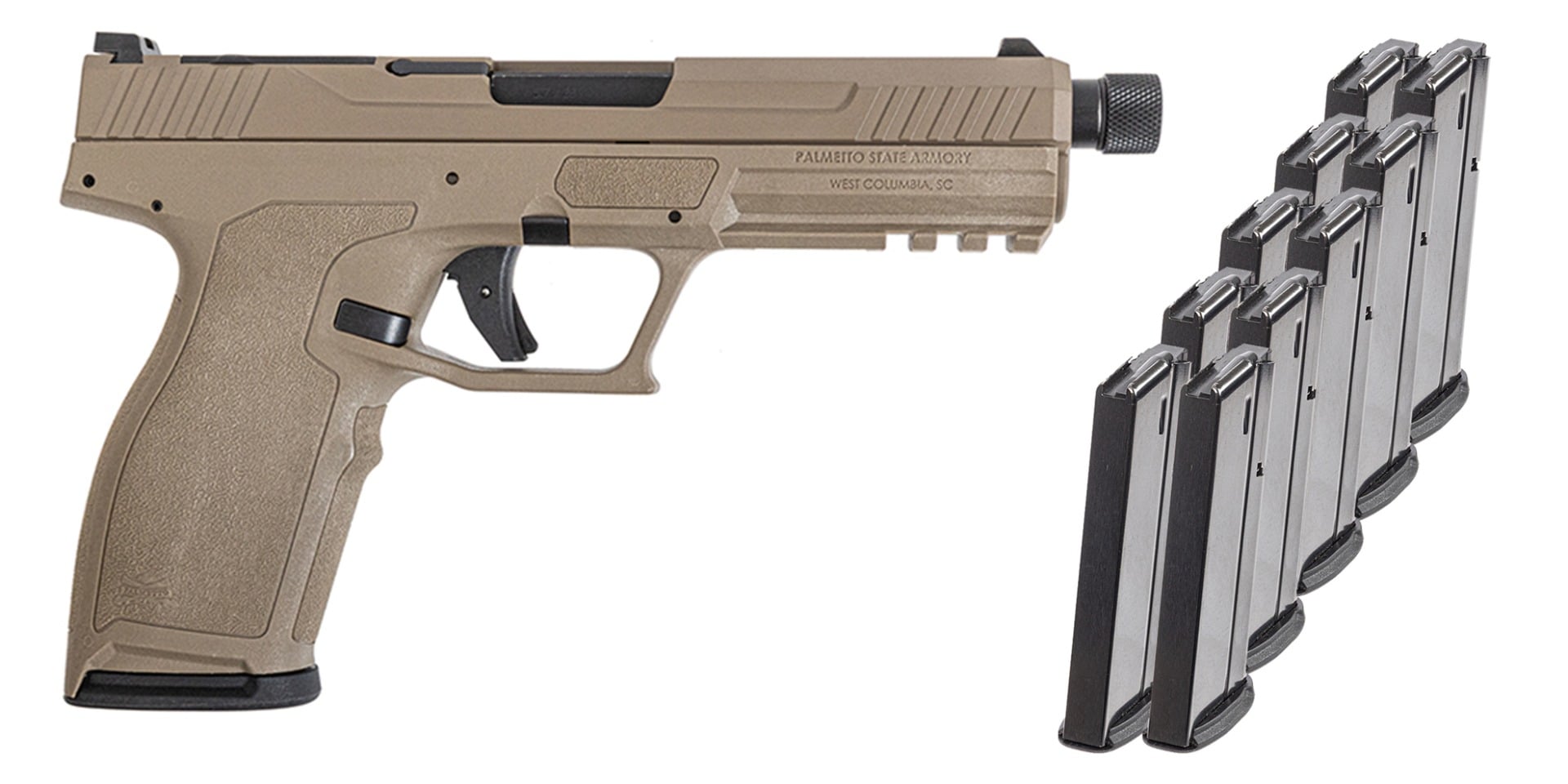 PSA 5.7 Rock Complete Optics Ready Pistol With Threaded Barrel, Flat Dark Earth With 10 Magazines & PSA Pistol Case