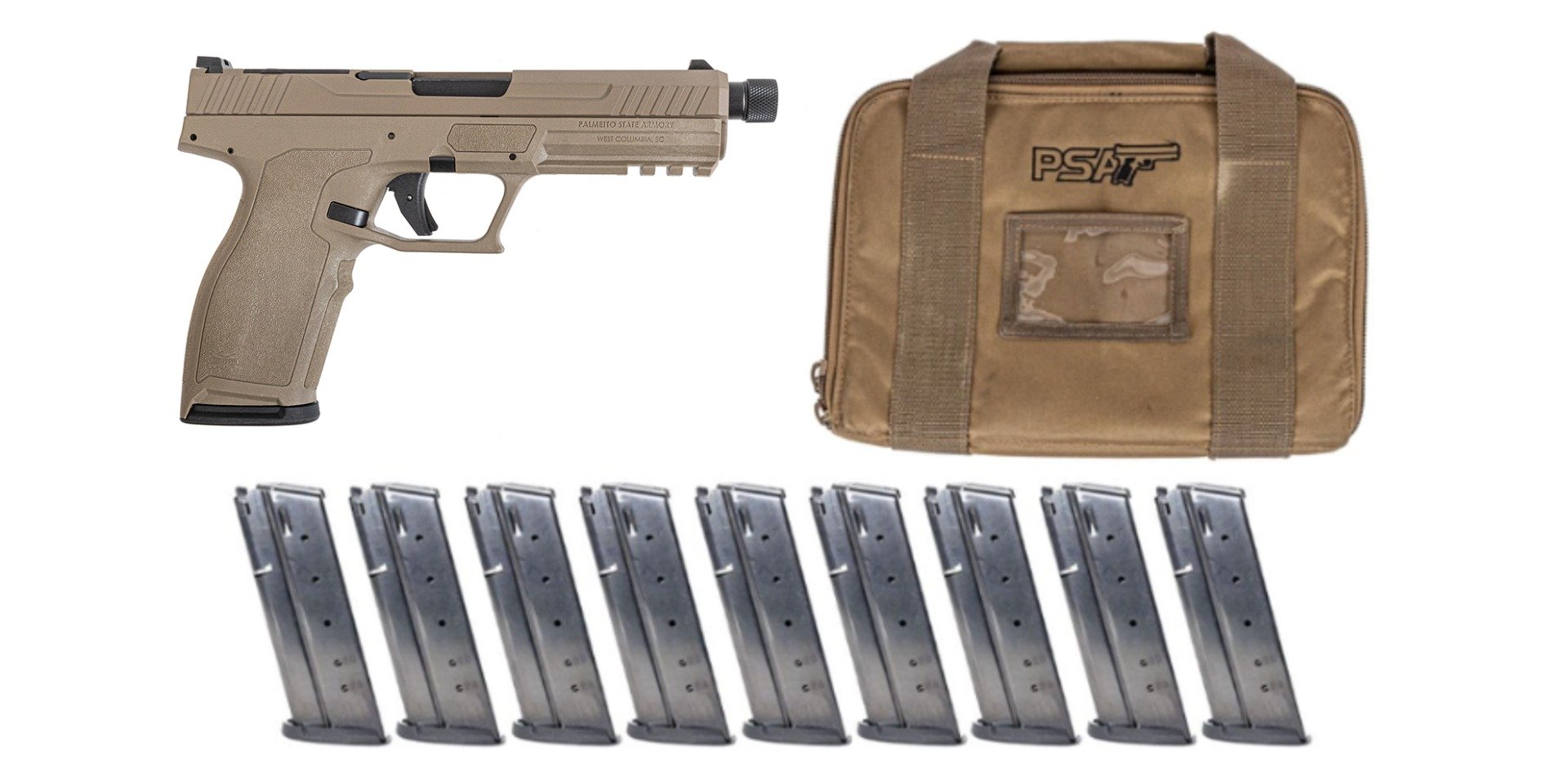 PSA 5.7 Rock Complete Optics Ready Pistol With Threaded Barrel, Flat Dark Earth With 10 Magazines & PSA Pistol Case - Palmetto State Armory